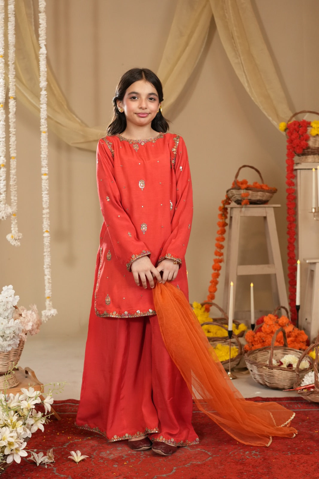 ✨ Elegant Orange Embroidered 3 Piece Suit ✨
